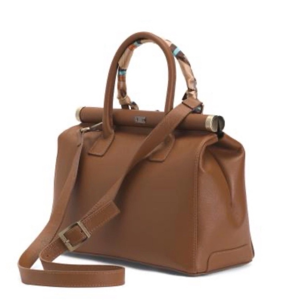Classic Tan Leather Satchel with Scarf-Wrapped Handle